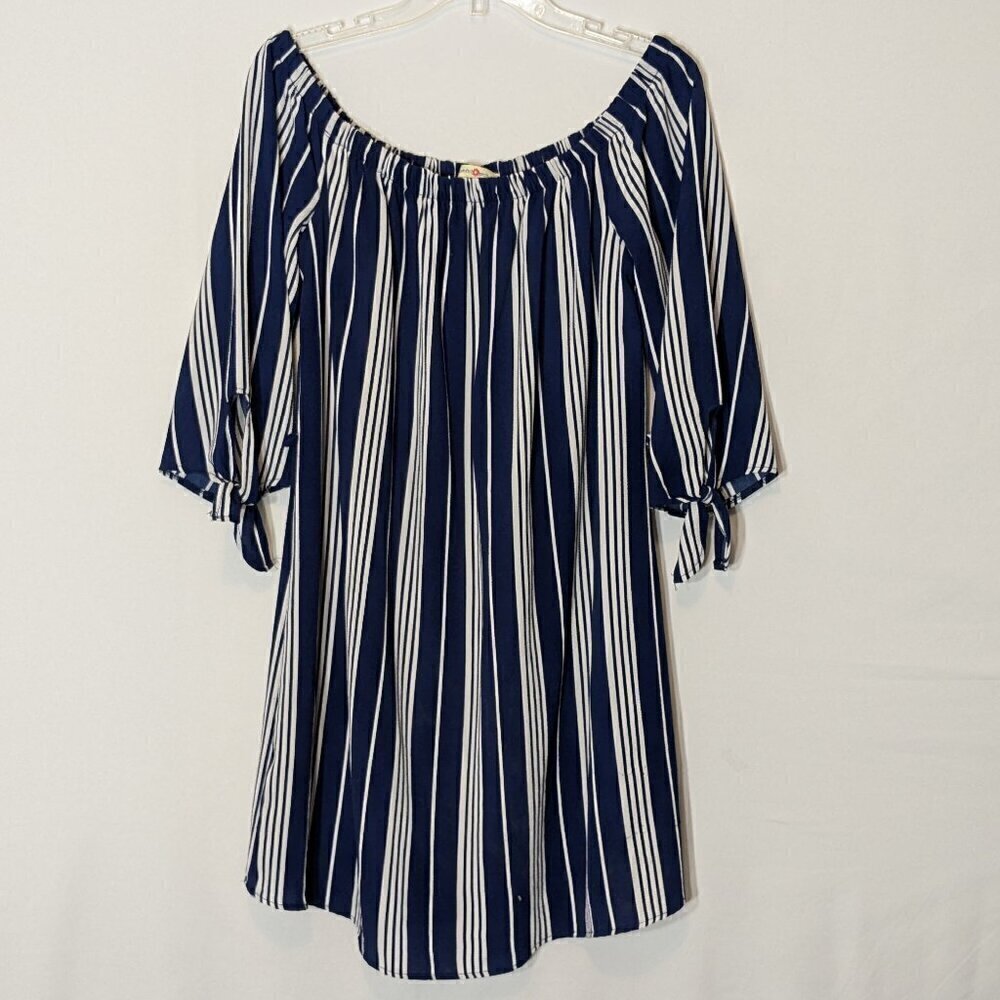 WISHFUL PARK; Navy Blue Striped Casual Peasant Tunic Dress; Size L